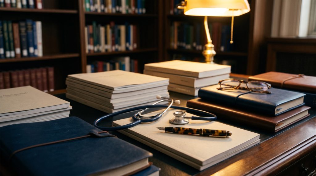 Medical journals, a stethoscope and reading glasses on a study desk